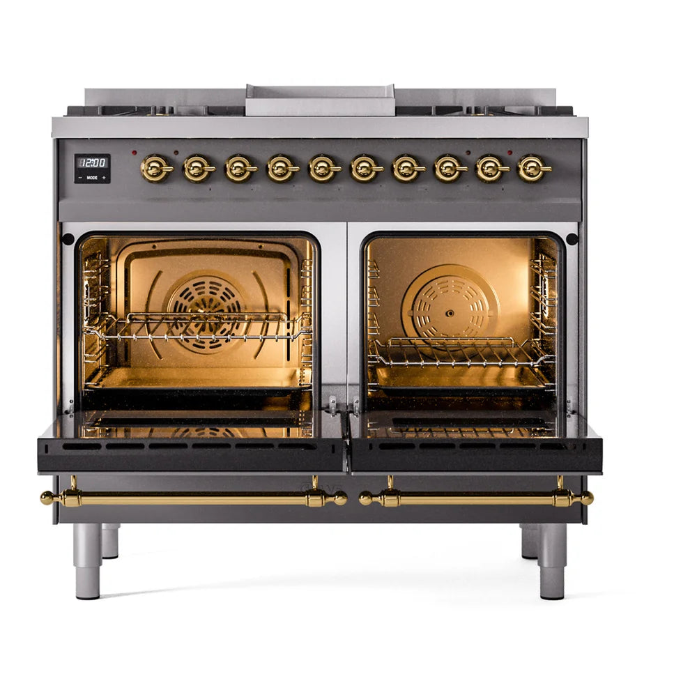 ILVE Nostalgie II 40" Dual Fuel Freestanding Range in Graphite Matte with Brass Trim, UPD40FNMPMGG