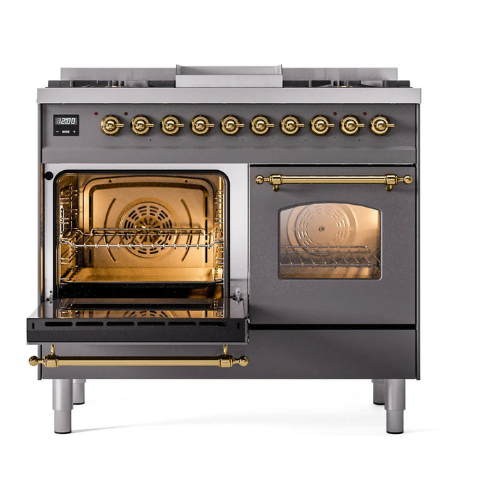 ILVE Nostalgie II 40" Dual Fuel Freestanding Range in Graphite Matte with Brass Trim, UPD40FNMPMGG