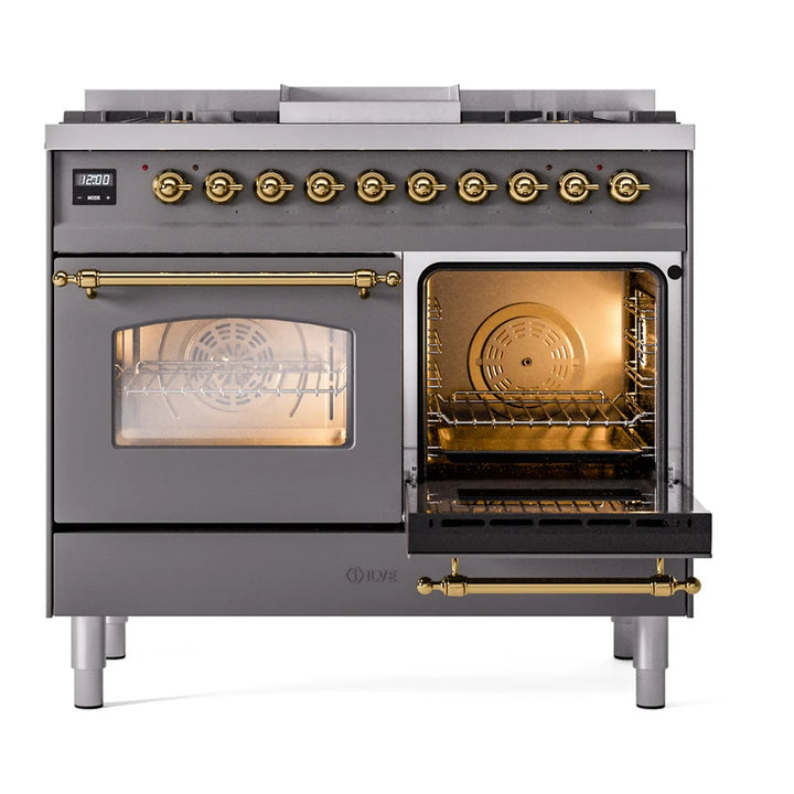 ILVE Nostalgie II 40" Dual Fuel Freestanding Range in Graphite Matte with Brass Trim, UPD40FNMPMGG