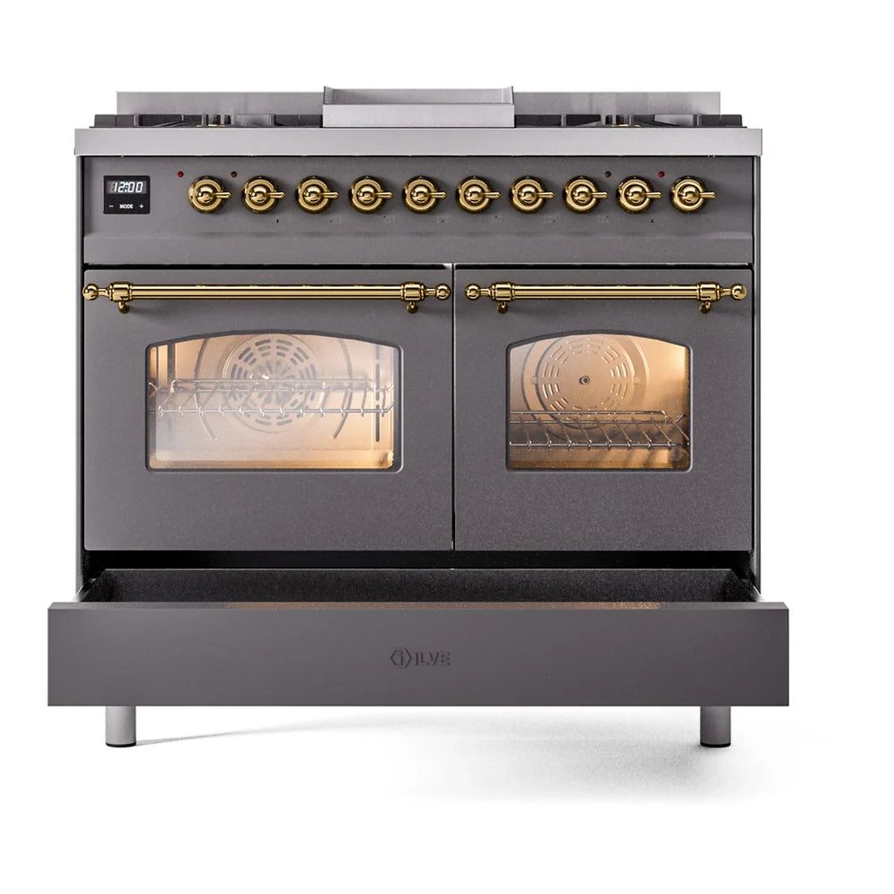 ILVE Nostalgie II 40" Dual Fuel Freestanding Range in Graphite Matte with Brass Trim, UPD40FNMPMGG