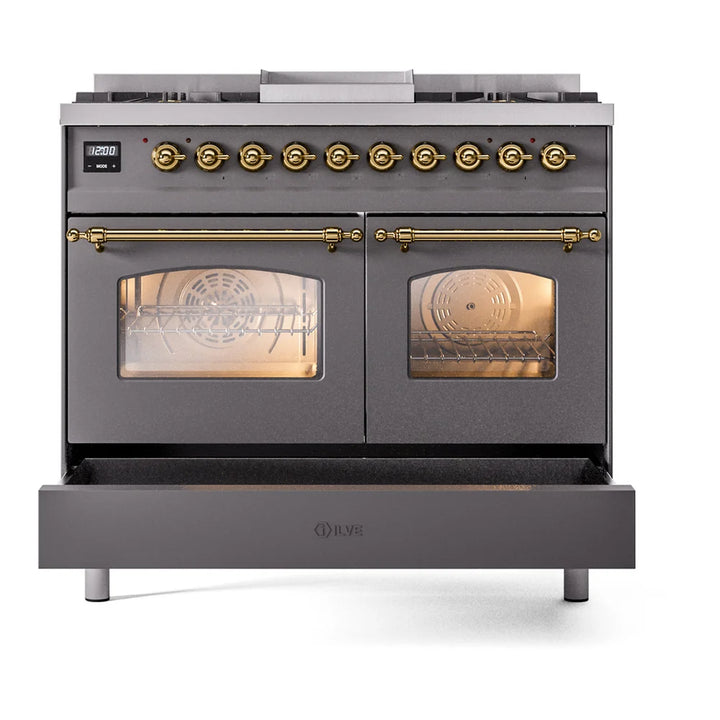 ILVE Nostalgie II 40" Dual Fuel Freestanding Range in Graphite Matte with Brass Trim, UPD40FNMPMGG