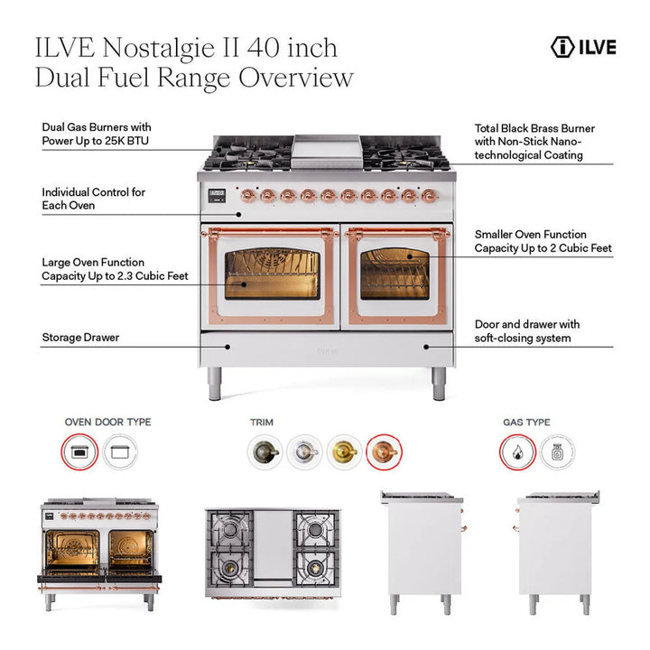 ILVE Nostalgie II 40" Dual Fuel Freestanding Range in Stainless Steel with Burnished Trim, UPD40FNMPSSB