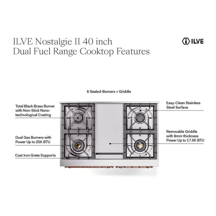 ILVE Nostalgie II 40" Dual Fuel Freestanding Range in Stainless Steel with Burnished Trim, UPD40FNMPSSB