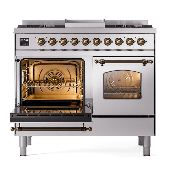 ILVE Nostalgie II 40" Dual Fuel Freestanding Range in Stainless Steel with Burnished Trim, UPD40FNMPSSB