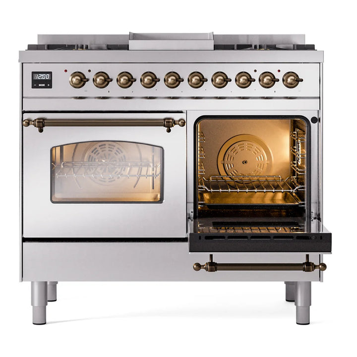 ILVE Nostalgie II 40" Dual Fuel Freestanding Range in Stainless Steel with Burnished Trim, UPD40FNMPSSB