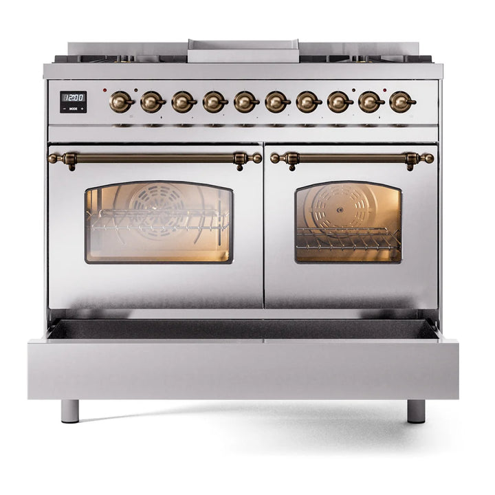 ILVE Nostalgie II 40" Dual Fuel Freestanding Range in Stainless Steel with Burnished Trim, UPD40FNMPSSB