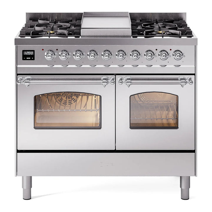 ILVE Nostalgie II 40" Dual Fuel Freestanding Range in Stainless Steel with Chrome Trim, UPD40FNMPSSCLP