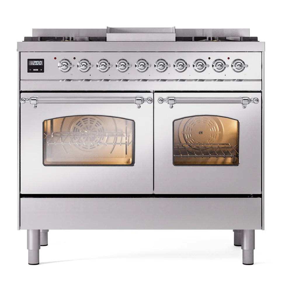 ILVE Nostalgie II 40" Dual Fuel Freestanding Range in Stainless Steel with Chrome Trim, UPD40FNMPSSC