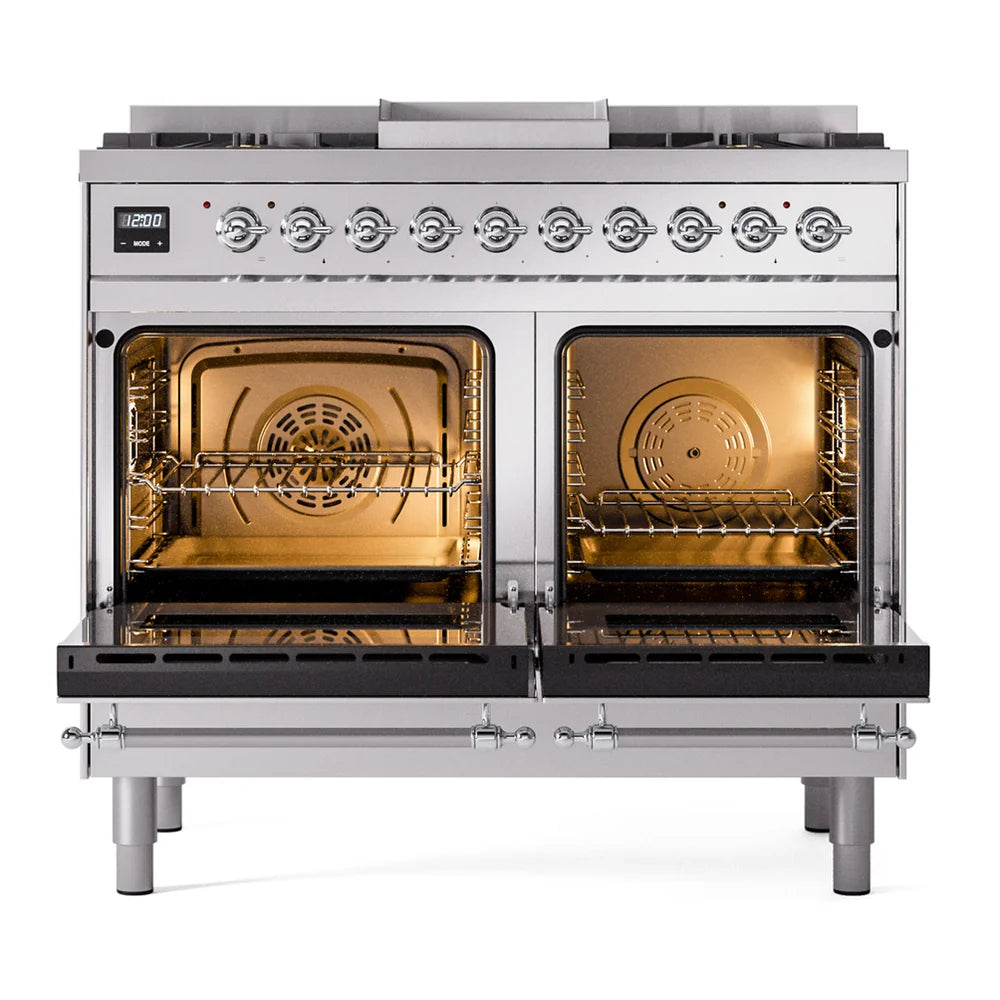 ILVE Nostalgie II 40" Dual Fuel Freestanding Range in Stainless Steel with Chrome Trim, UPD40FNMPSSC