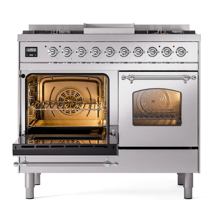 ILVE Nostalgie II 40" Dual Fuel Freestanding Range in Stainless Steel with Chrome Trim, UPD40FNMPSSC