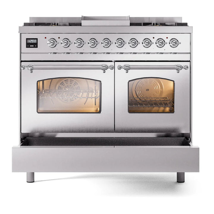 ILVE Nostalgie II 40" Dual Fuel Freestanding Range in Stainless Steel with Chrome Trim, UPD40FNMPSSC