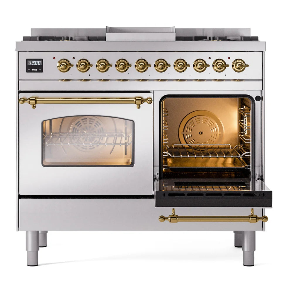ILVE Nostalgie II 40" Dual Fuel Freestanding Range in Stainless Steel with Brass Trim, UPD40FNMPSSGLP