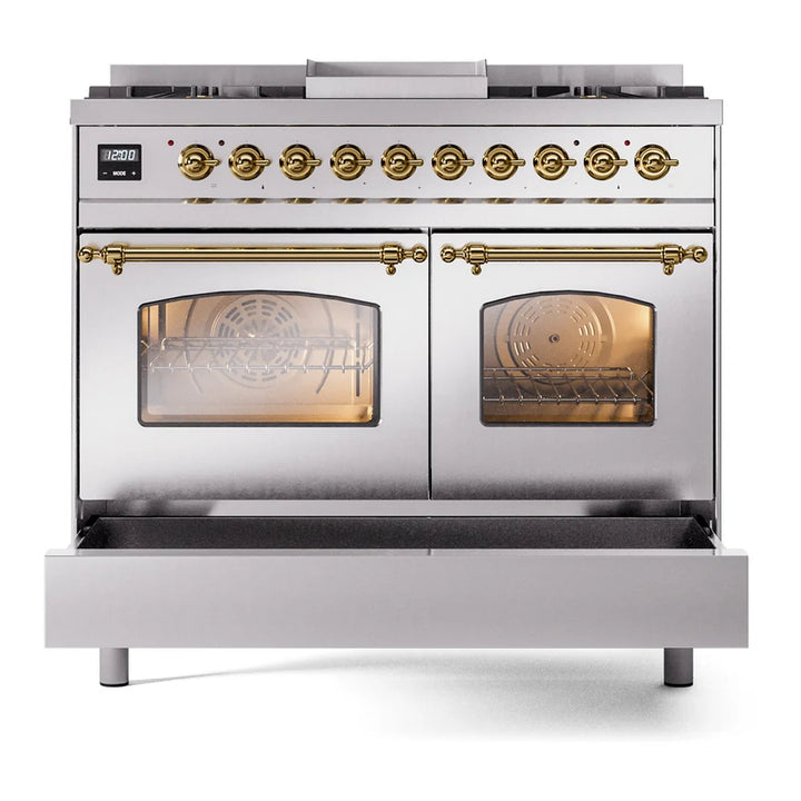 ILVE Nostalgie II 40" Dual Fuel Freestanding Range in Stainless Steel with Brass Trim, UPD40FNMPSSGLP