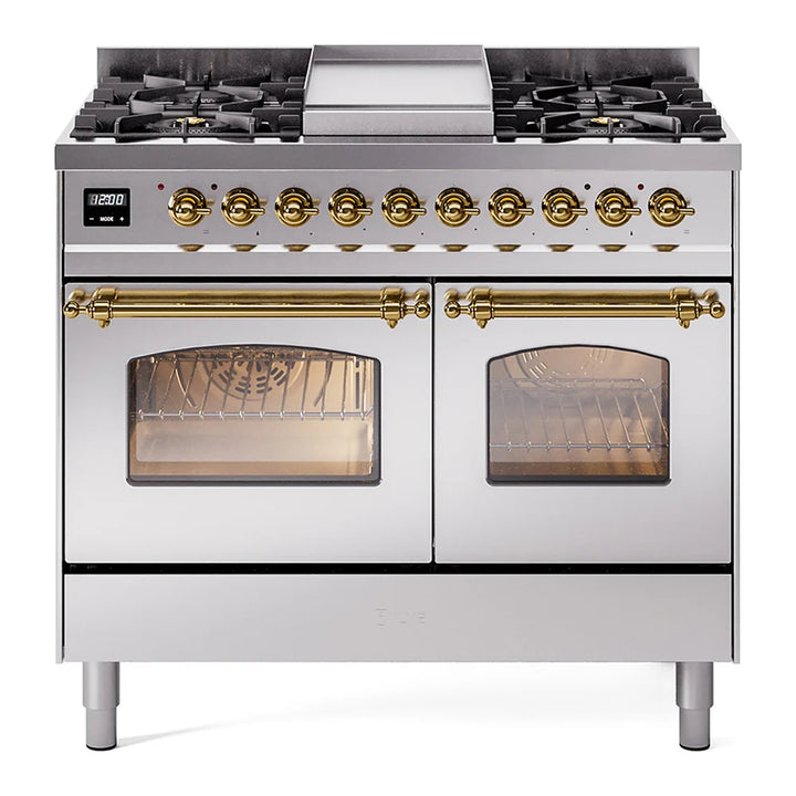 ILVE Nostalgie II 40" Dual Fuel Freestanding Range in Stainless Steel with Brass Trim, UPD40FNMPSSG