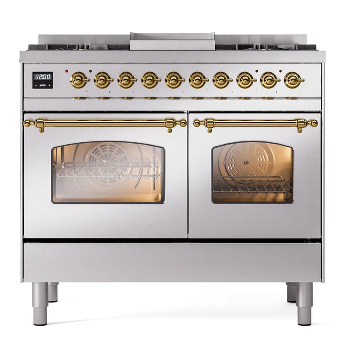 ILVE Nostalgie II 40" Dual Fuel Freestanding Range in Stainless Steel with Brass Trim, UPD40FNMPSSG