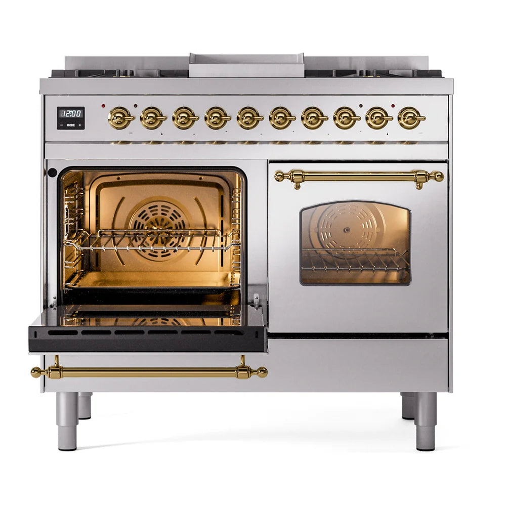 ILVE Nostalgie II 40" Dual Fuel Freestanding Range in Stainless Steel with Brass Trim, UPD40FNMPSSG