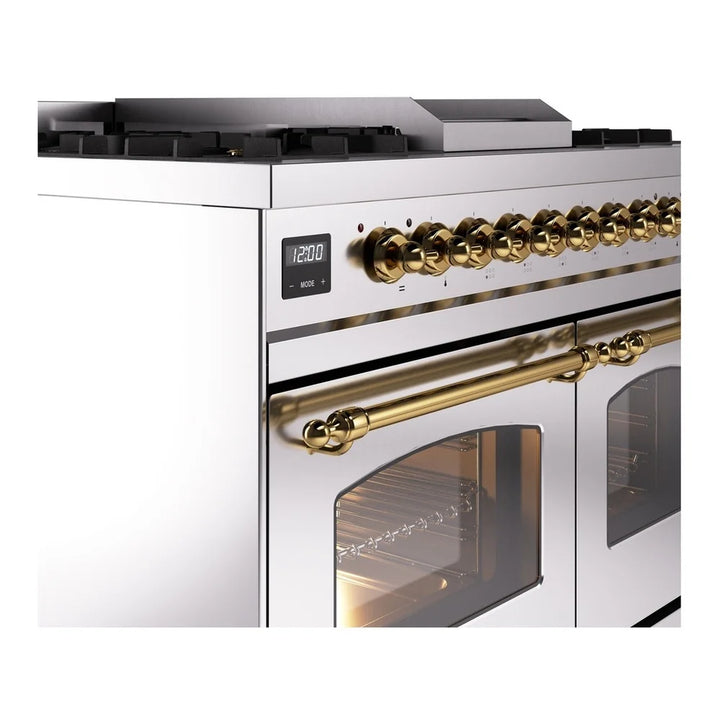 ILVE Nostalgie II 40" Dual Fuel Freestanding Range in Stainless Steel with Brass Trim, UPD40FNMPSSG