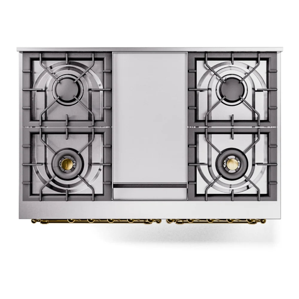 ILVE Nostalgie II 40" Dual Fuel Freestanding Range in Stainless Steel with Brass Trim, UPD40FNMPSSG