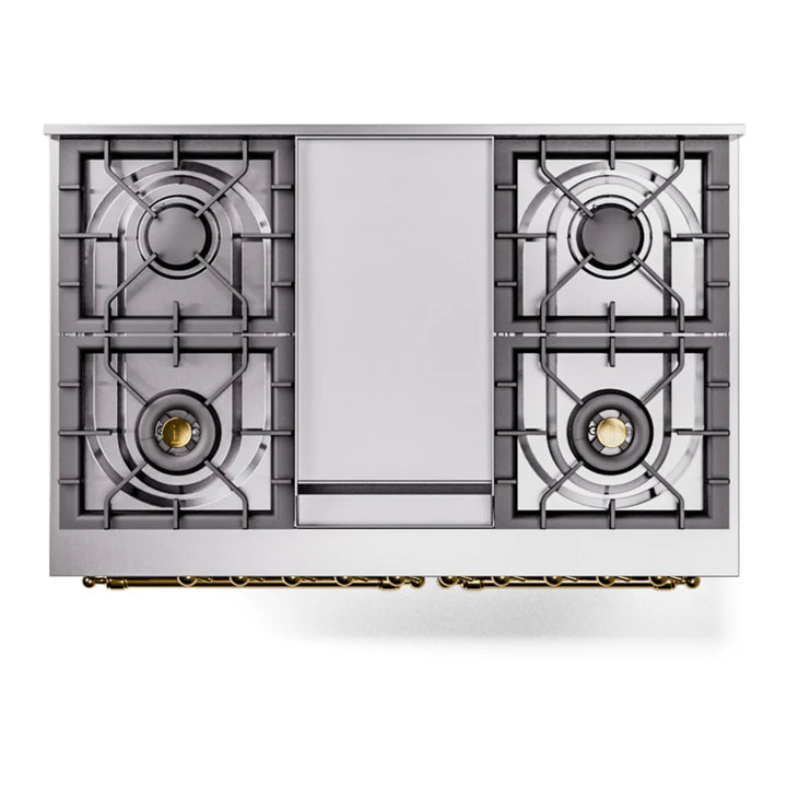 ILVE Nostalgie II 40" Dual Fuel Freestanding Range in Stainless Steel with Brass Trim, UPD40FNMPSSG