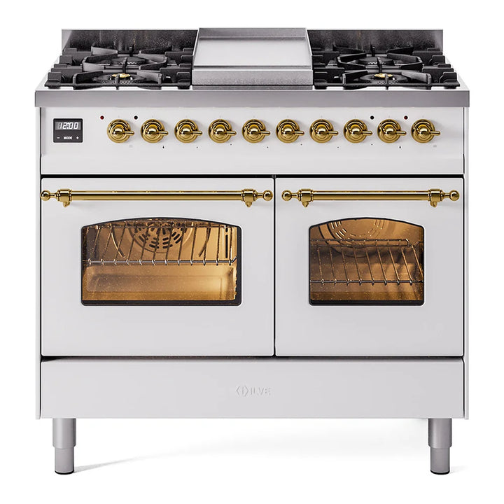 ILVE Nostalgie II 40" Dual Fuel Freestanding Range in White with Brass Trim, UPD40FNMPWHG