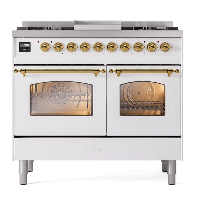 ILVE Nostalgie II 40" Dual Fuel Freestanding Range in White with Brass Trim, UPD40FNMPWHG