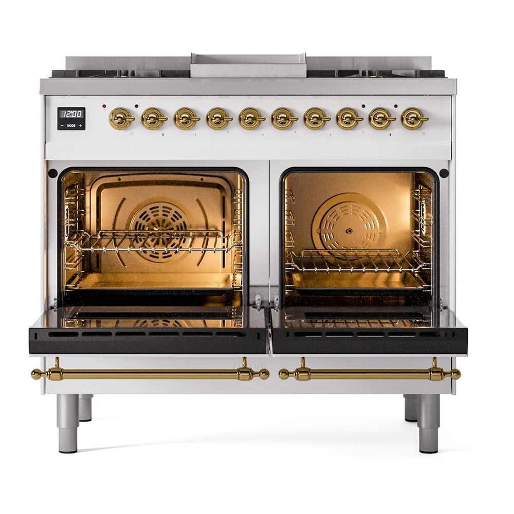 ILVE Nostalgie II 40" Dual Fuel Freestanding Range in White with Brass Trim, UPD40FNMPWHG
