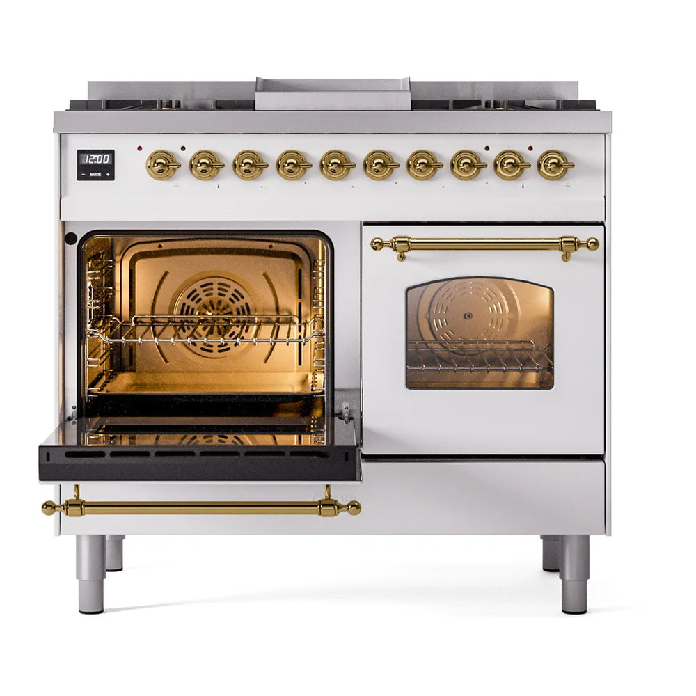ILVE Nostalgie II 40" Dual Fuel Freestanding Range in White with Brass Trim, UPD40FNMPWHG