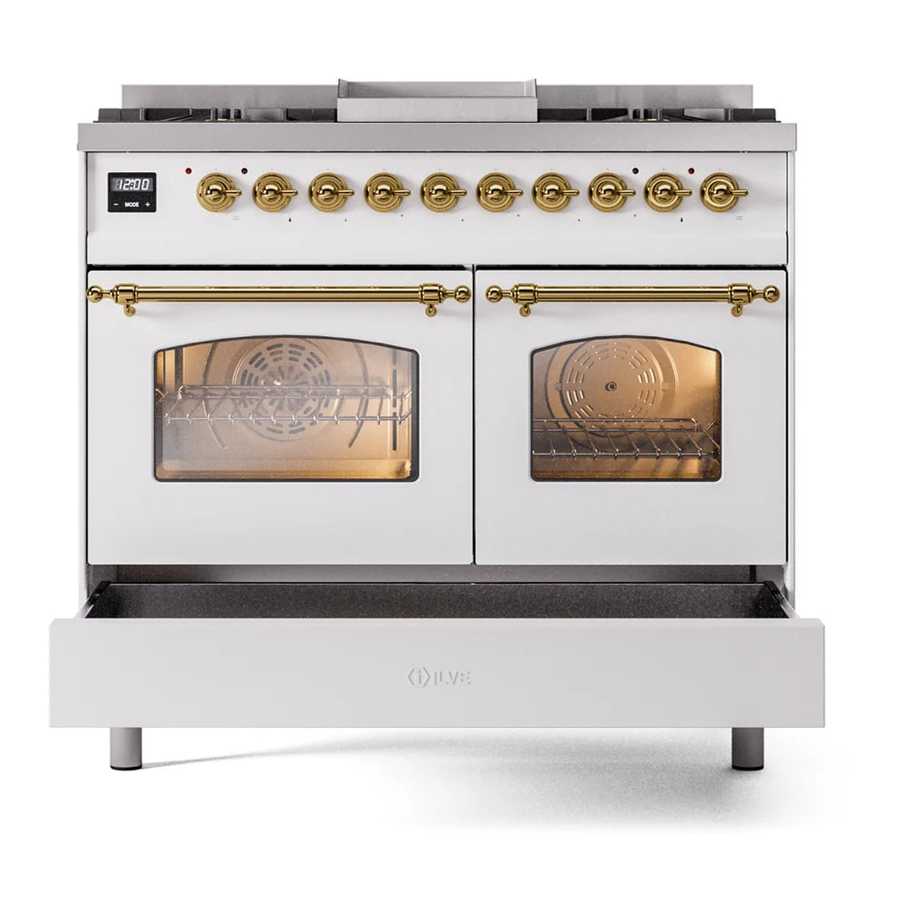 ILVE Nostalgie II 40" Dual Fuel Freestanding Range in White with Brass Trim, UPD40FNMPWHG
