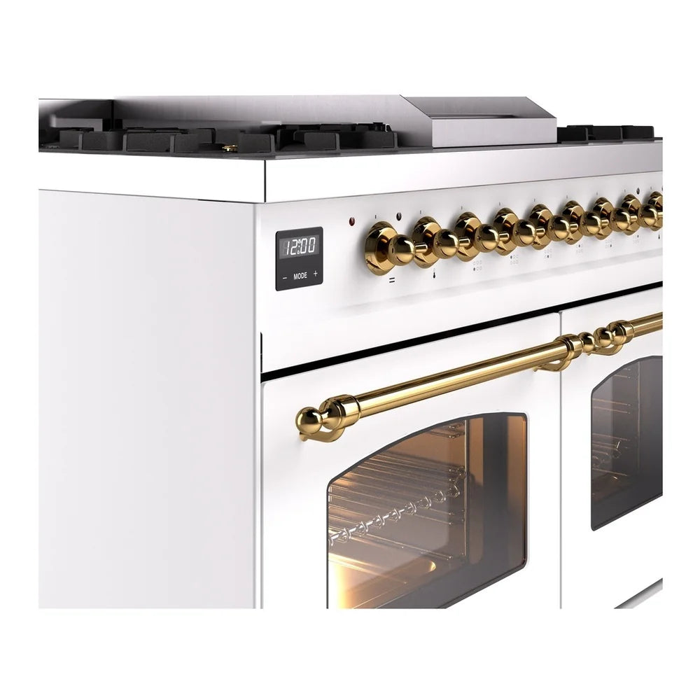 ILVE Nostalgie II 40" Dual Fuel Freestanding Range in White with Brass Trim, UPD40FNMPWHG