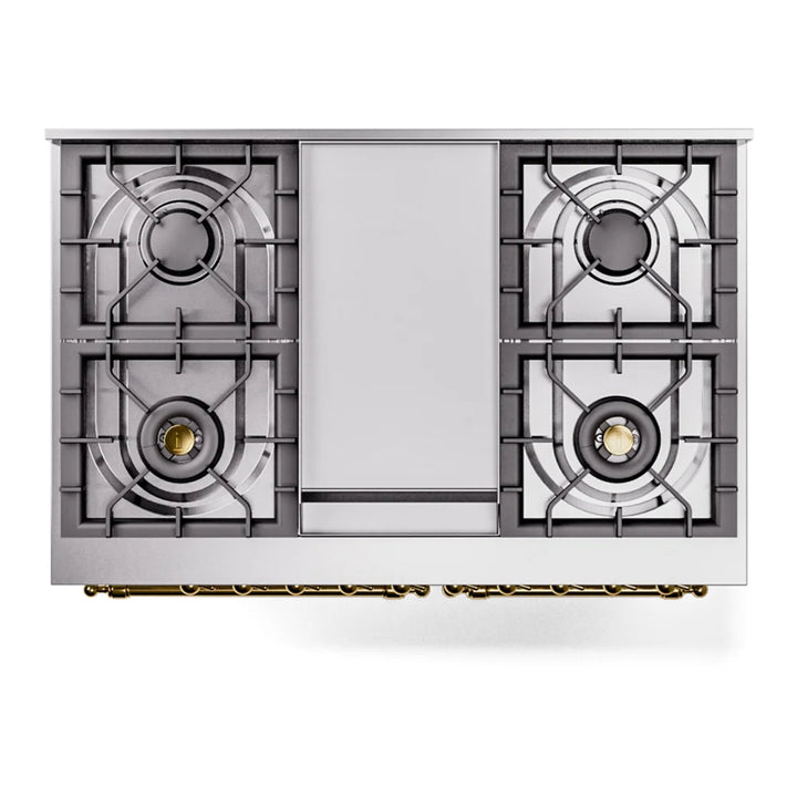 ILVE Nostalgie II 40" Dual Fuel Freestanding Range in White with Brass Trim, UPD40FNMPWHG