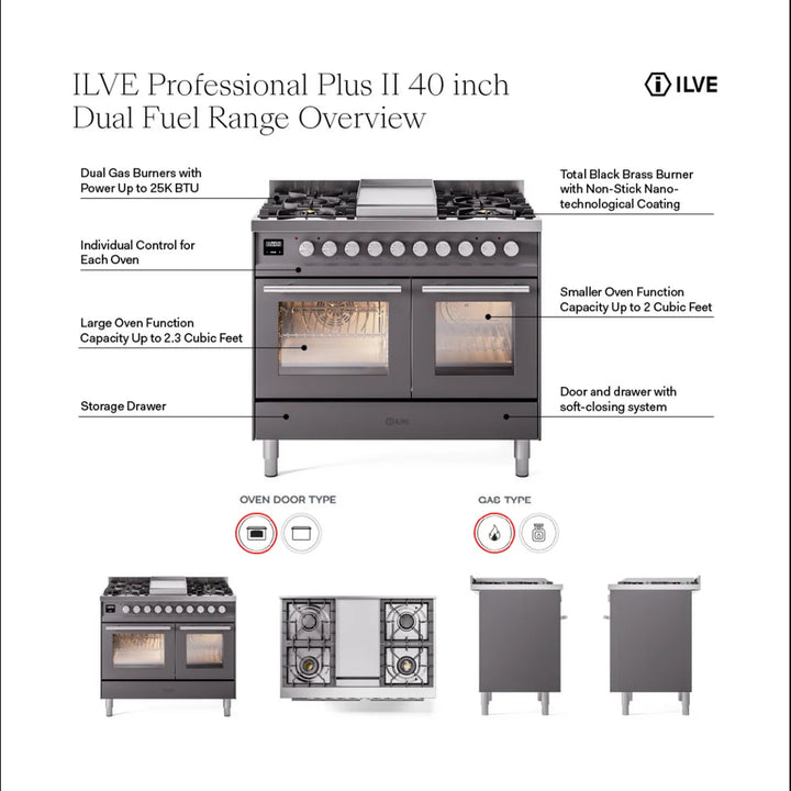ILVE Professional Plus II 40" Dual Fuel Freestanding Range in Stainless Steel with Satin Trim, UPD40FWMPSSLP