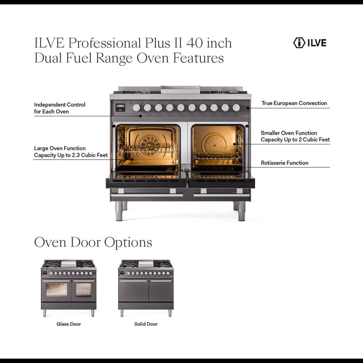ILVE Professional Plus II 40" Dual Fuel Freestanding Range in Stainless Steel with Satin Trim, UPD40FWMPSS