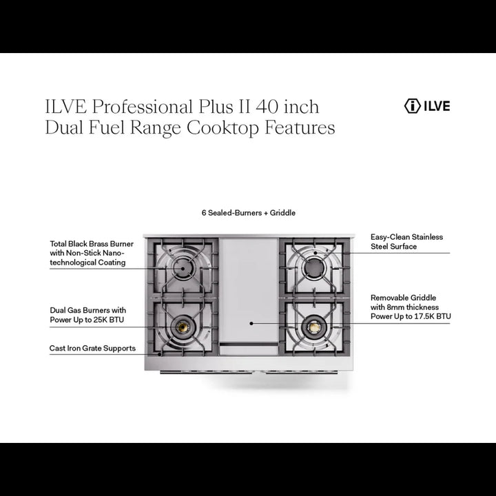ILVE Professional Plus II 40" Dual Fuel Freestanding Range in Stainless Steel with Satin Trim, UPD40FWMPSS