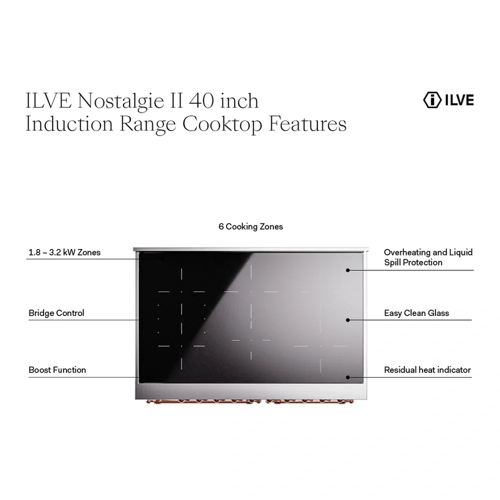 ILVE Nostalgie II 40" Induction Freestanding Range in Blue Grey with Brass Trim, UPDI406NMPBGG