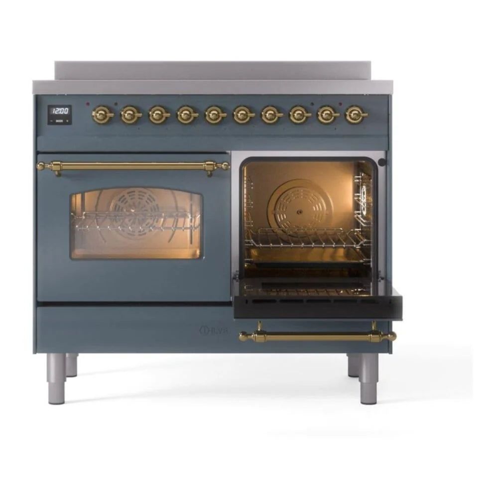 ILVE Nostalgie II 40" Induction Freestanding Range in Blue Grey with Brass Trim, UPDI406NMPBGG