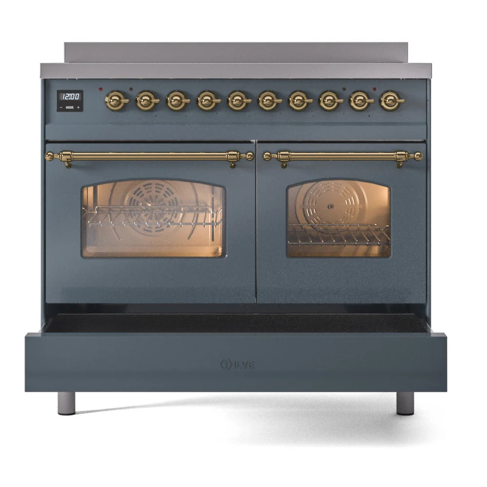 ILVE Nostalgie II 40" Induction Freestanding Range in Blue Grey with Brass Trim, UPDI406NMPBGG
