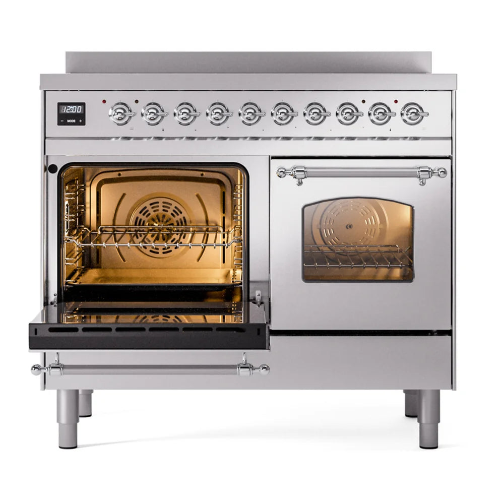ILVE Nostalgie II 40" Induction Freestanding Range in Stainless Steel with Chrome Trim, UPDI406NMPSSC