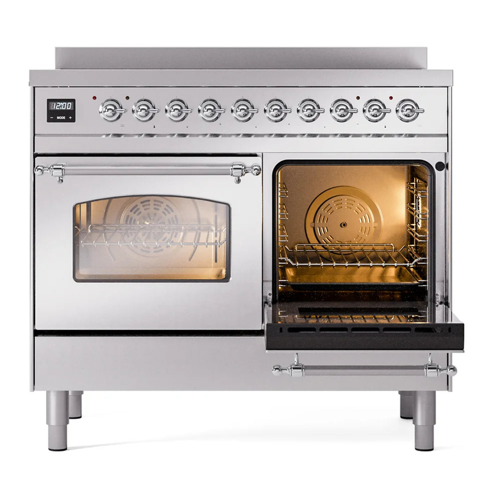 ILVE Nostalgie II 40" Induction Freestanding Range in Stainless Steel with Chrome Trim, UPDI406NMPSSC