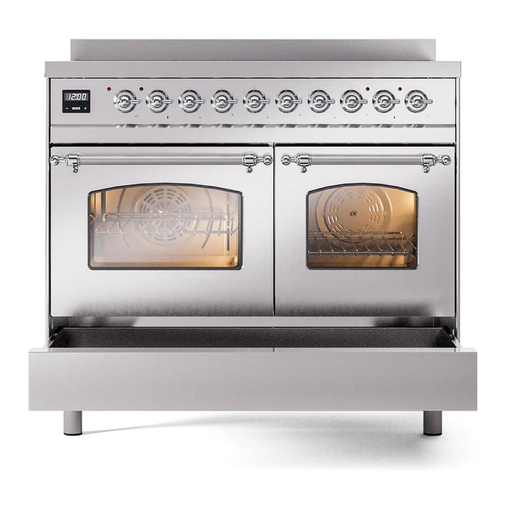 ILVE Nostalgie II 40" Induction Freestanding Range in Stainless Steel with Chrome Trim, UPDI406NMPSSC