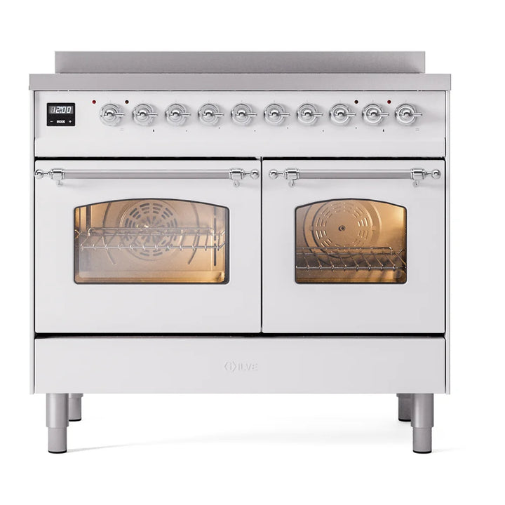 ILVE Nostalgie II 40" Induction Freestanding Range in White with Chrome Trim, UPDI406NMPWHC