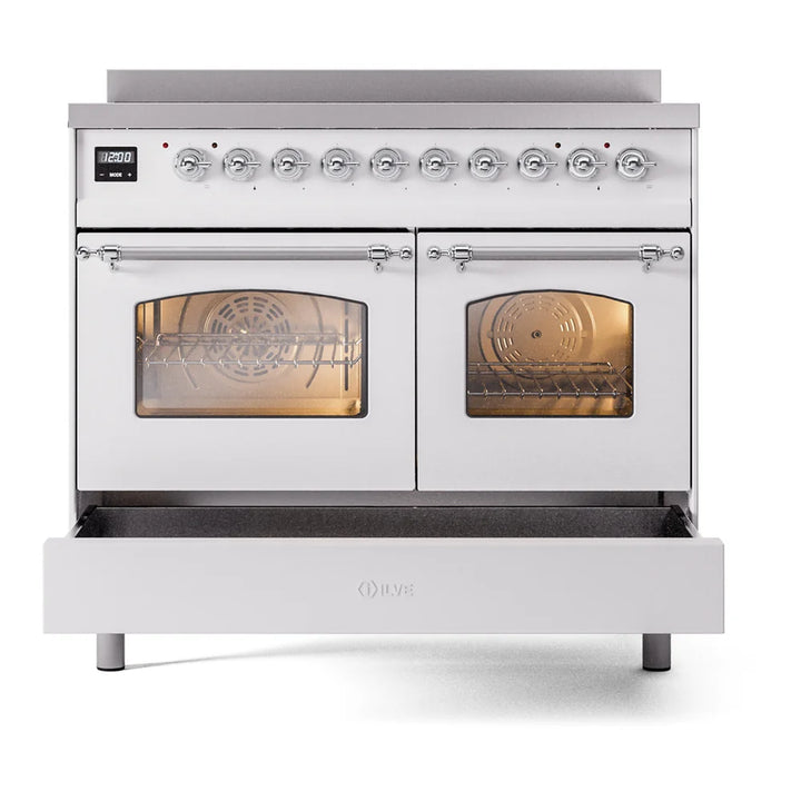 ILVE Nostalgie II 40" Induction Freestanding Range in White with Chrome Trim, UPDI406NMPWHC