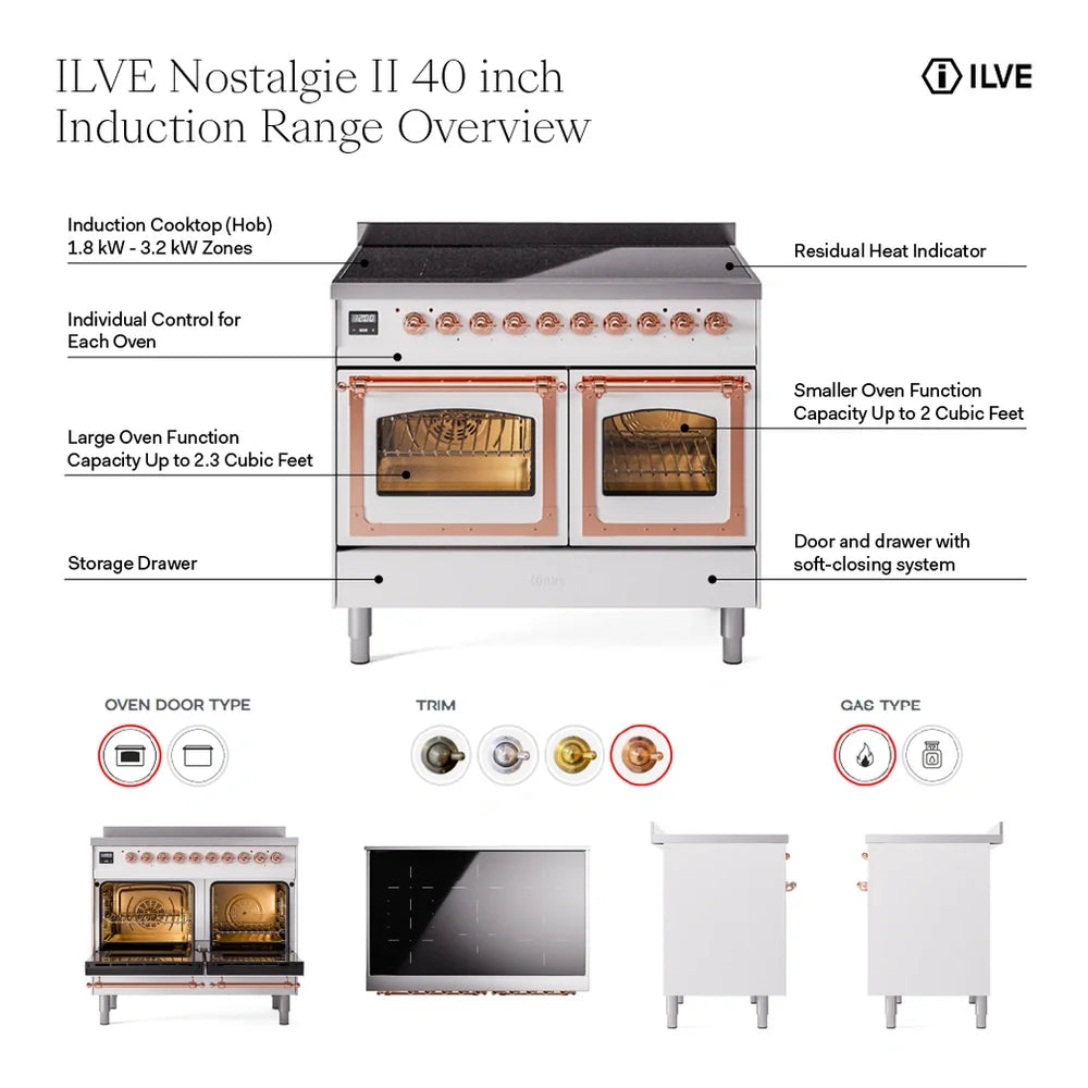 ILVE Nostalgie II 40" Electric Freestanding Range in White with Brass Trim, UPDI406NMPWHG