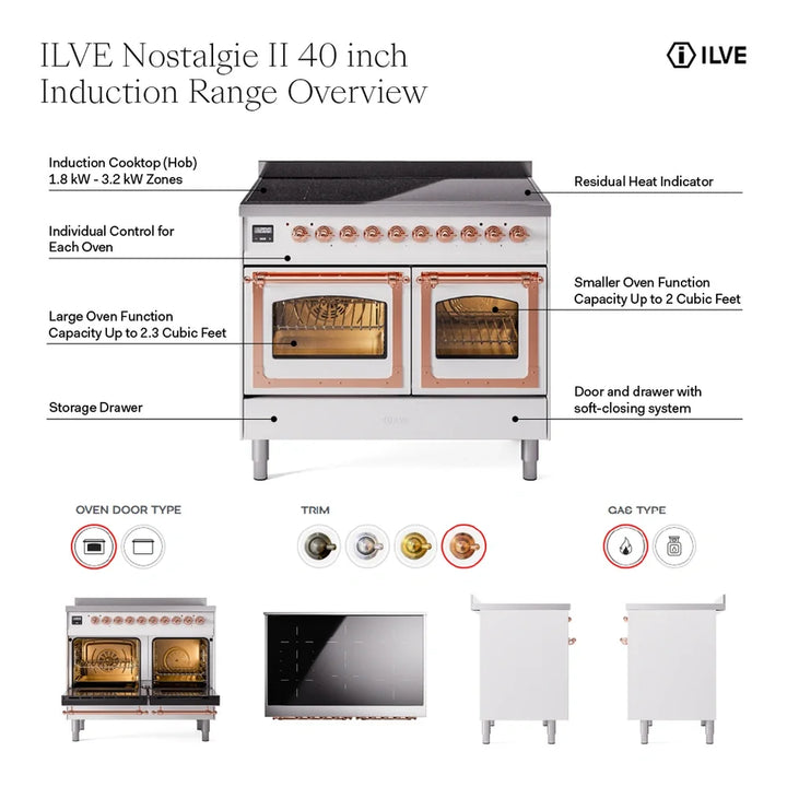 ILVE Nostalgie II 40" Electric Freestanding Range in White with Brass Trim, UPDI406NMPWHG