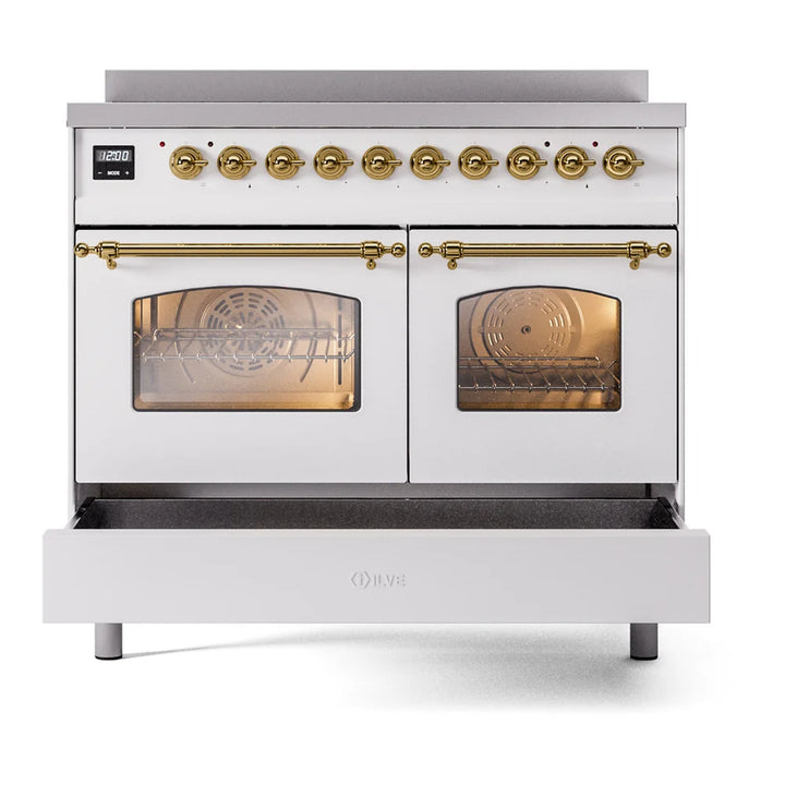 ILVE Nostalgie II 40" Electric Freestanding Range in White with Brass Trim, UPDI406NMPWHG