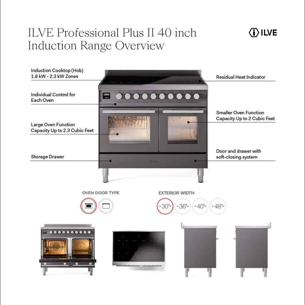 ILVE Professional Plus II 40" Induction Freestanding Range in Stainless Steel with Stainless Steel Trim, UPDI406WMPSS