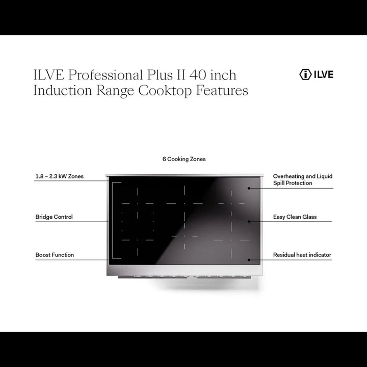 ILVE Professional Plus II 40" Induction Freestanding Range in Stainless Steel with Stainless Steel Trim, UPDI406WMPSS