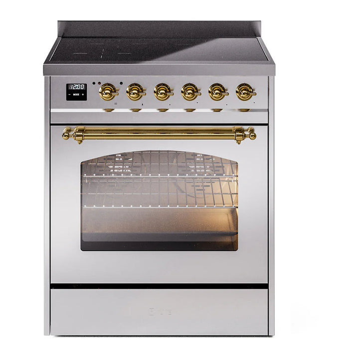 ILVE Nostalgie II 30" Induction Freestanding Range in Stainless Steel with Brass Trim, UPI304NMPSSG