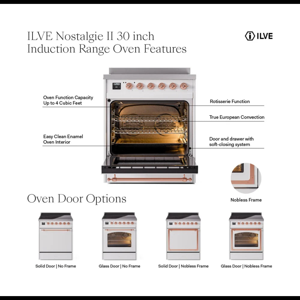 ILVE Nostalgie II 30" Induction Freestanding Range in Stainless Steel with Brass Trim, UPI304NMPSSG