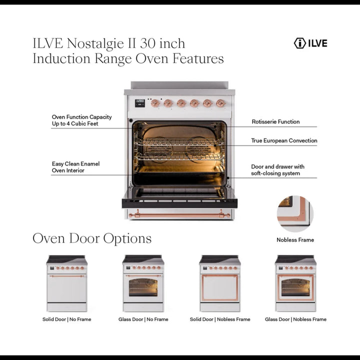 ILVE Nostalgie II 30" Induction Freestanding Range in Stainless Steel with Brass Trim, UPI304NMPSSG