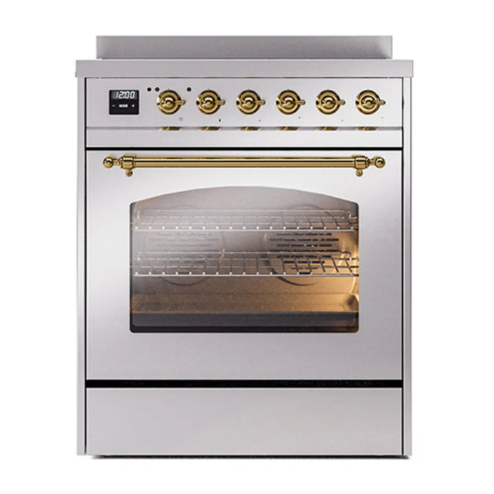 ILVE Nostalgie II 30" Induction Freestanding Range in Stainless Steel with Brass Trim, UPI304NMPSSG